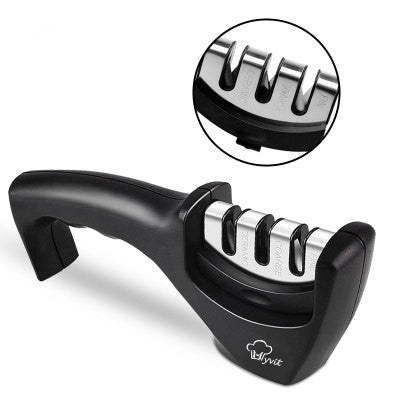 3-in-1 Professional Kitchen Knife Sharpener with ergonomic handle and stainless steel slots for blades.